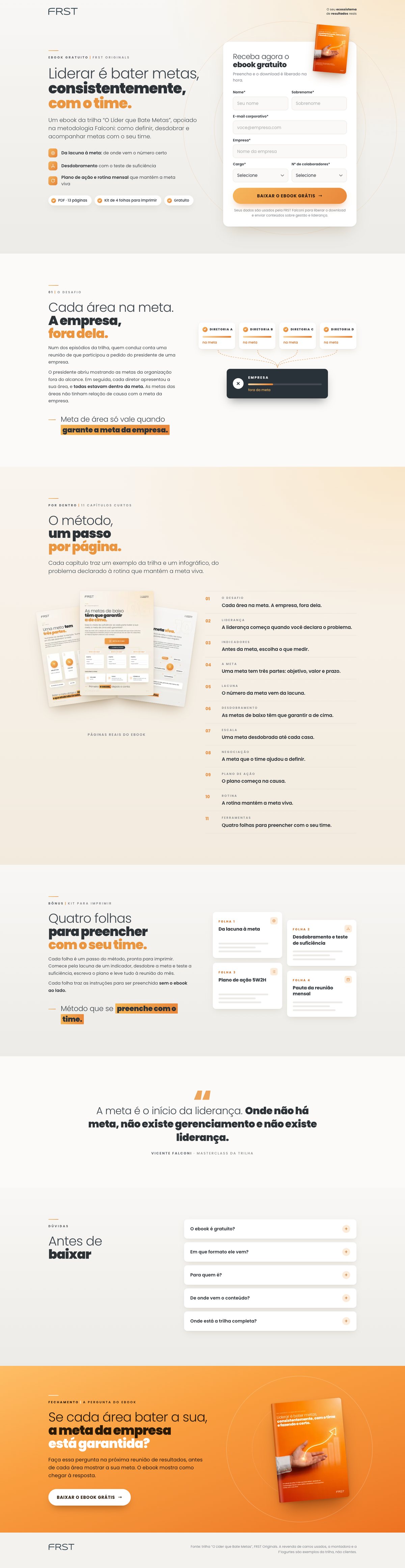Full-page screenshot of the landing page — Ebook launch — "Leading is hitting targets"